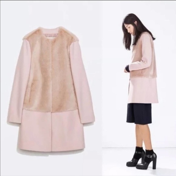 Zara pink wool peacoat faux fur S blogger fave Small